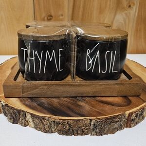 NWT Rae Dunn Matte Black Spice Jars/Cellars With Wood Lids & Tray